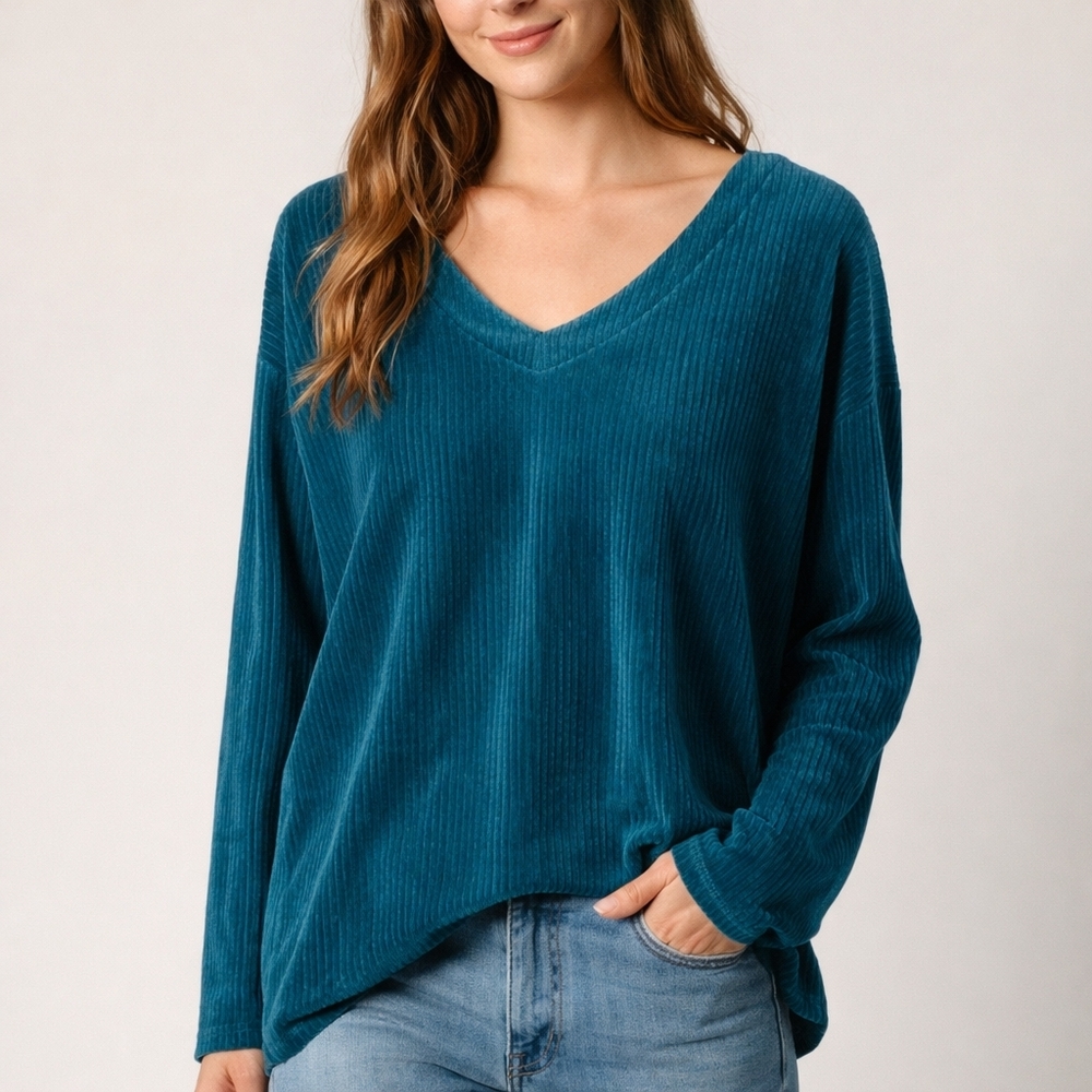 J. Jill Ribbed Corduroy V-Neck Top Women's Size Small Teal Blue Green Long Sleev
